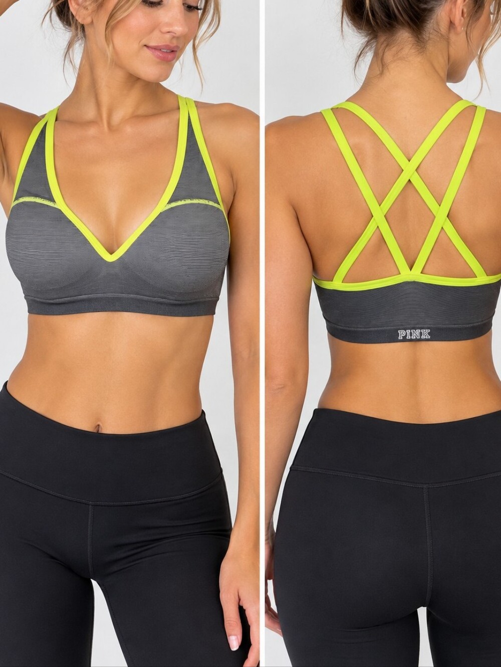 PINK VS | Women’s Gray Striped Neon Green Padded Sports Bra Size M